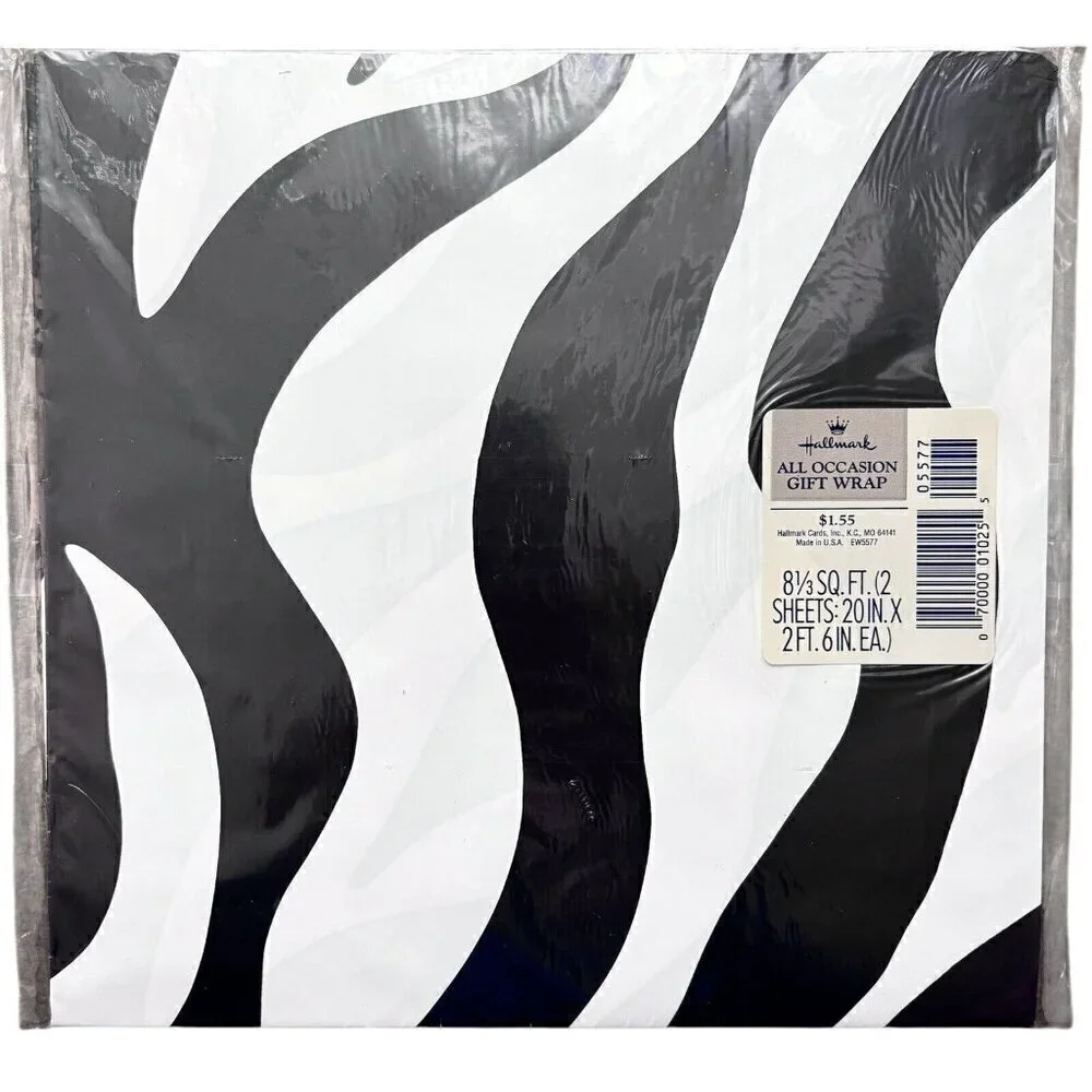 Zebra Pattern Hallmark VTG 90s Gift Wrap Paper NEW 8 1/3 Sq Ft (2 Sheets)
